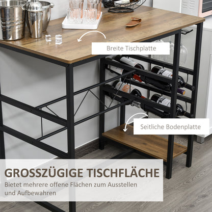 Bar Table Set, High Table with 2 Bar Stools, 3-Piece Table Set Kitchen Counter with Bottle Holder Particle Board, Steel, Natural+Black, 108 x 60x 95H cm