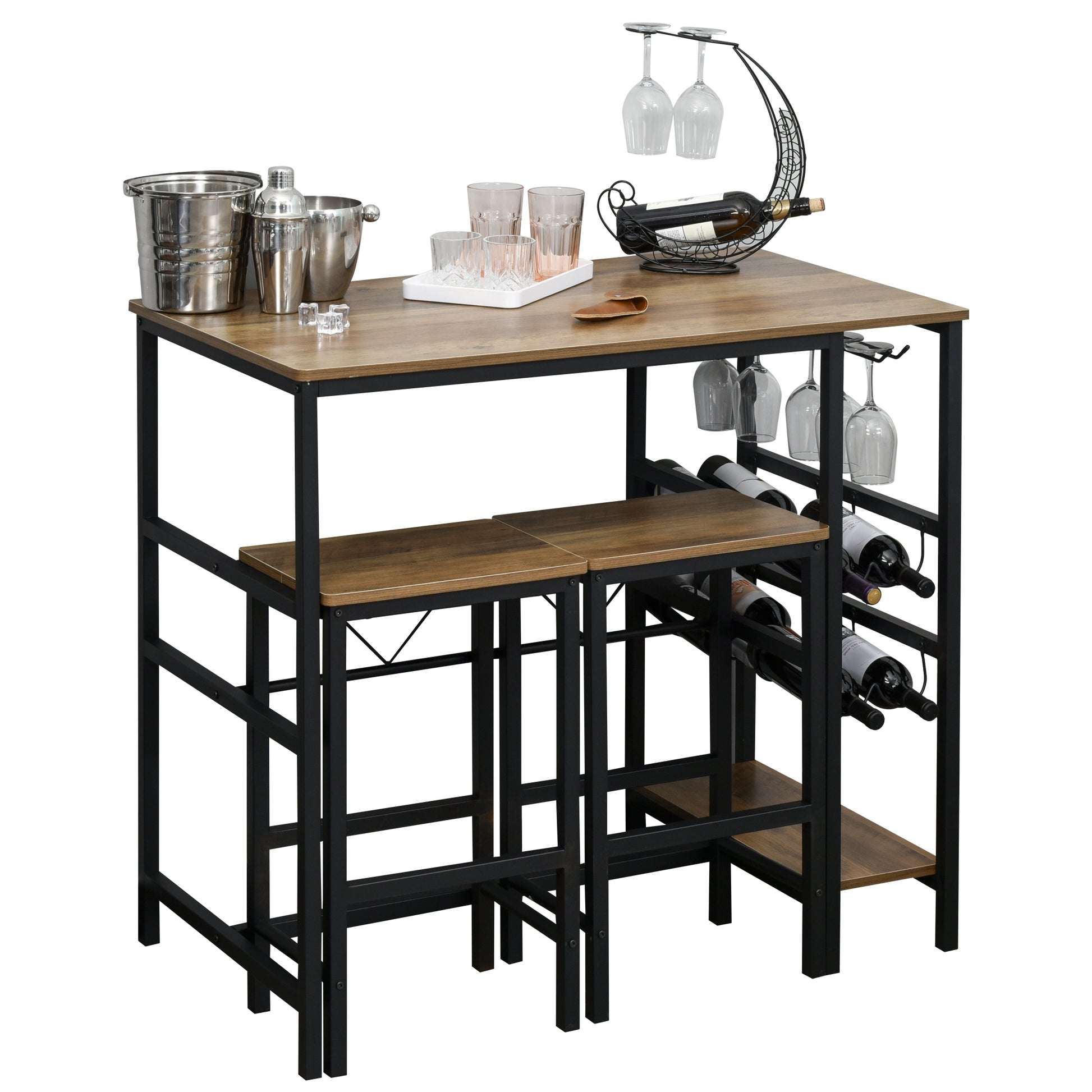Bar Table Set, High Table with 2 Bar Stools, 3-Piece Table Set Kitchen Counter with Bottle Holder Particle Board, Steel, Natural+Black, 108 x 60x 95H cm