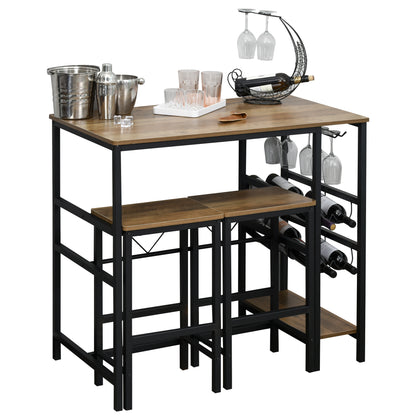 Bar Table Set, High Table with 2 Bar Stools, 3-Piece Table Set Kitchen Counter with Bottle Holder Particle Board, Steel, Natural+Black, 108 x 60x 95H cm