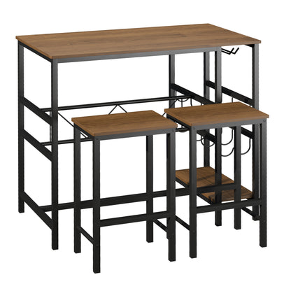 Bar Table Set, High Table with 2 Bar Stools, 3-Piece Table Set Kitchen Counter with Bottle Holder Particle Board, Steel, Natural+Black, 108 x 60x 95H cm