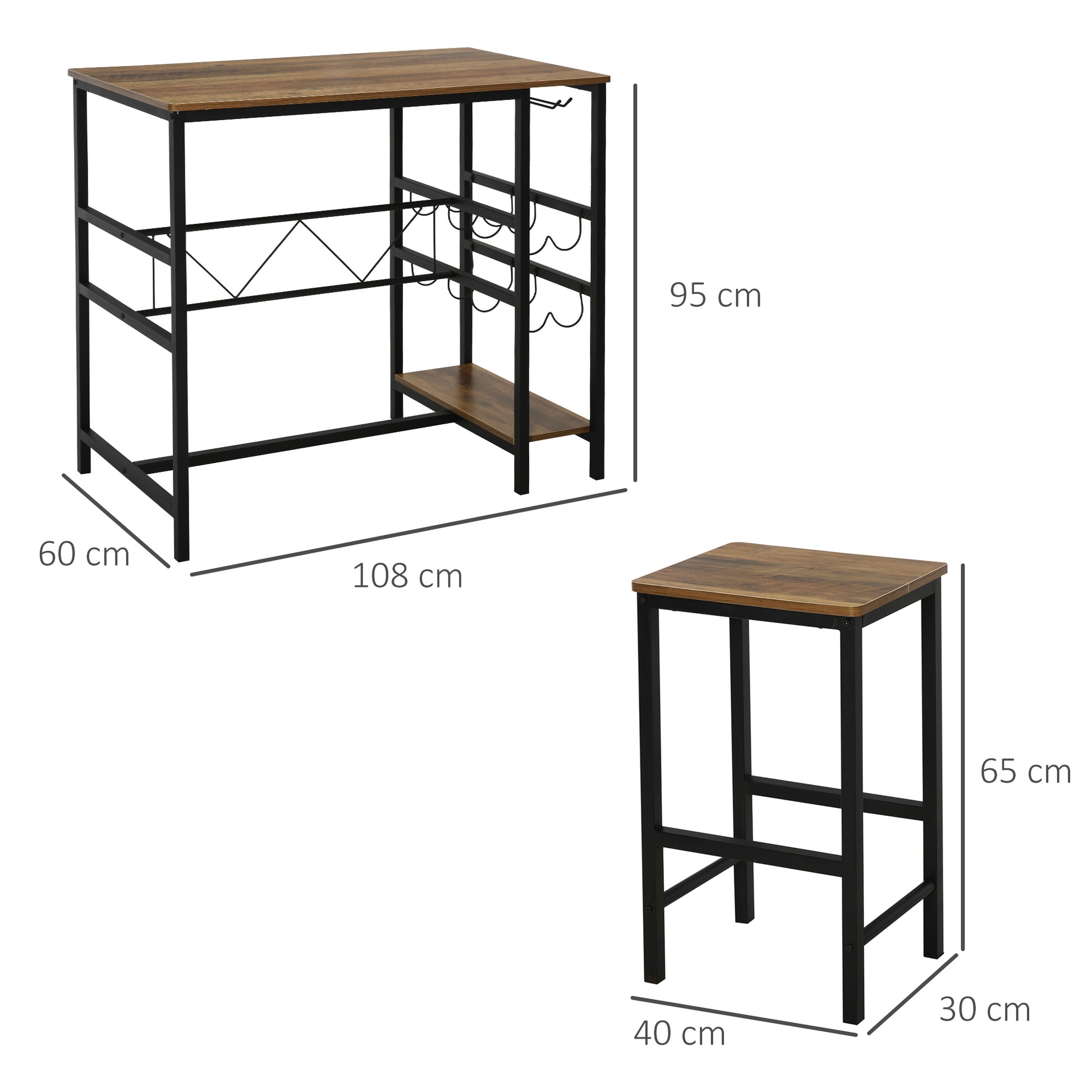 Bar Table Set, High Table with 2 Bar Stools, 3-Piece Table Set Kitchen Counter with Bottle Holder Particle Board, Steel, Natural+Black, 108 x 60x 95H cm