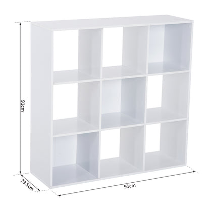 White Bookcase for Home and Office, Modern Design Shelf with 9 Compartments in Wood, 91x29.5x91cm