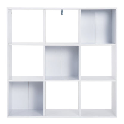 White Bookcase for Home and Office, Modern Design Shelf with 9 Compartments in Wood, 91x29.5x91cm