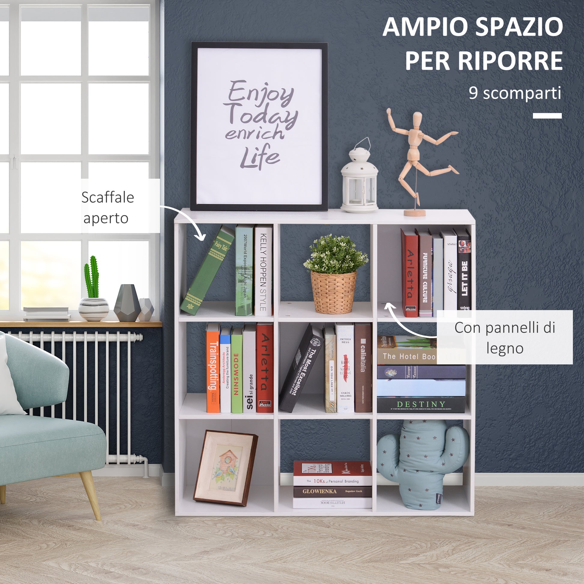 White Bookcase for Home and Office, Modern Design Shelf with 9 Compartments in Wood, 91x29.5x91cm