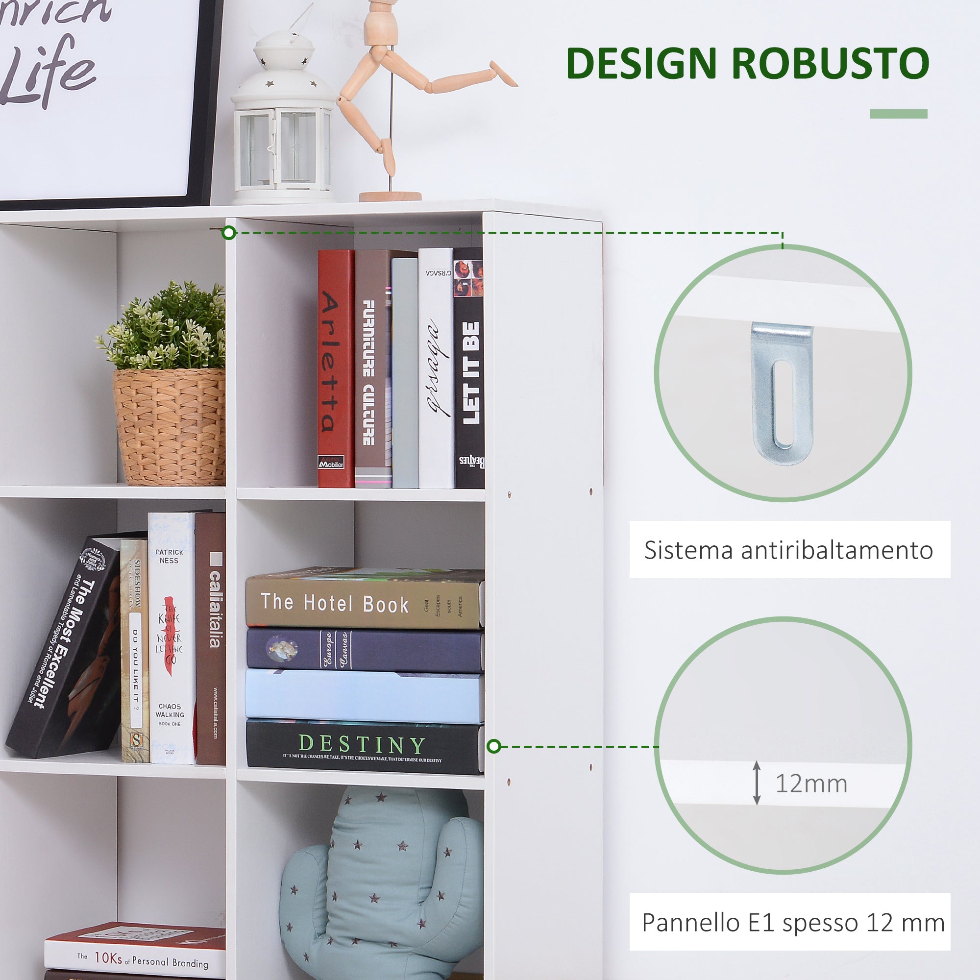 White Bookcase for Home and Office, Modern Design Shelf with 9 Compartments in Wood, 91x29.5x91cm
