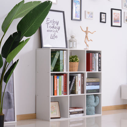 White Bookcase for Home and Office, Modern Design Shelf with 9 Compartments in Wood, 91x29.5x91cm