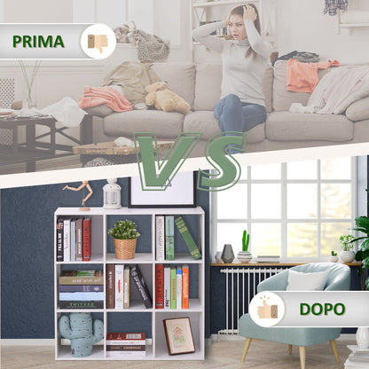 White Bookcase for Home and Office, Modern Design Shelf with 9 Compartments in Wood, 91x29.5x91cm