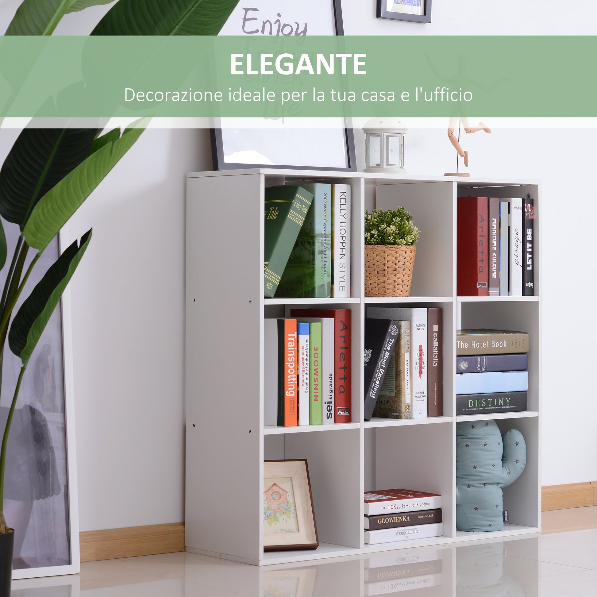 White Bookcase for Home and Office, Modern Design Shelf with 9 Compartments in Wood, 91x29.5x91cm