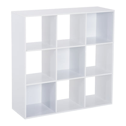 White Bookcase for Home and Office, Modern Design Shelf with 9 Compartments in Wood, 91x29.5x91cm