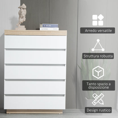 5-Drawer Wooden Chest of Drawers, Bedroom Chest of Drawers with Anti-Tip Device, 80x40x109 cm, White and Oak