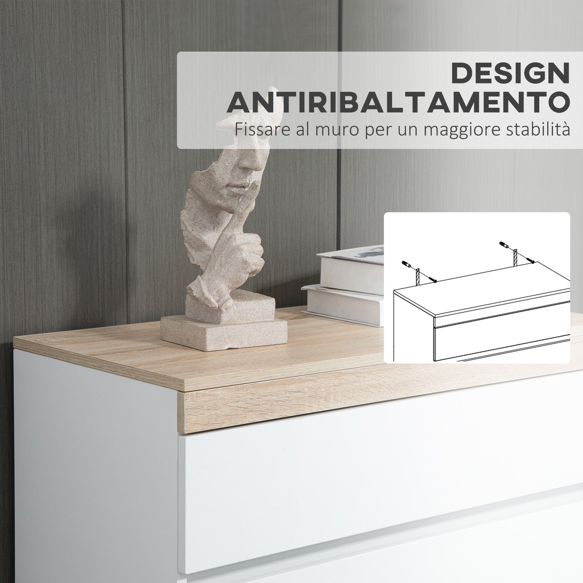 5-Drawer Wooden Chest of Drawers, Bedroom Chest of Drawers with Anti-Tip Device, 80x40x109 cm, White and Oak