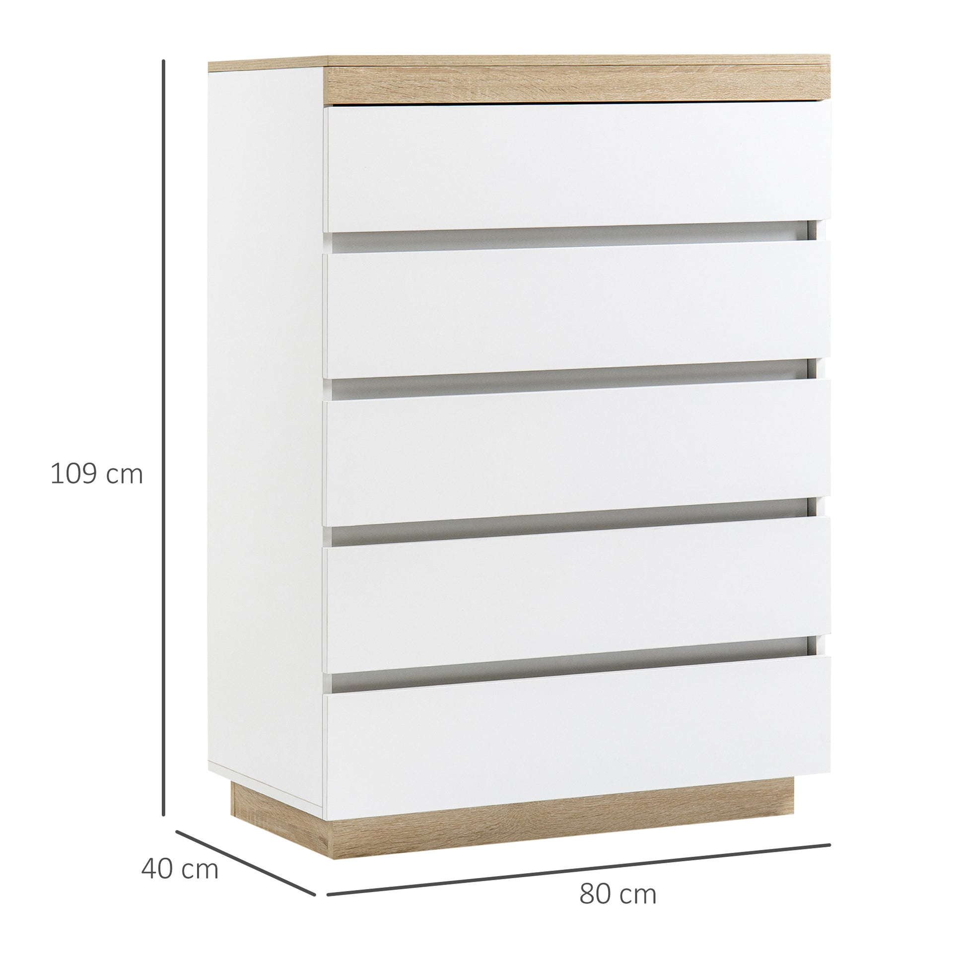 5-Drawer Wooden Chest of Drawers, Bedroom Chest of Drawers with Anti-Tip Device, 80x40x109 cm, White and Oak