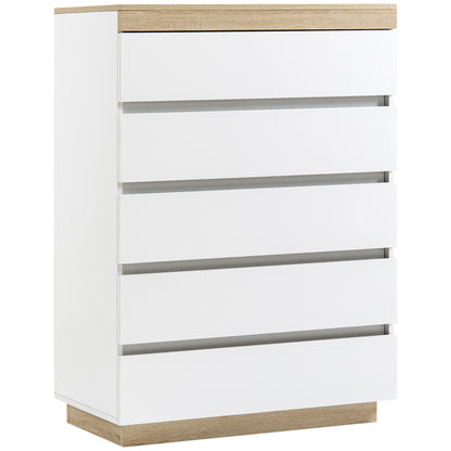 5-Drawer Wooden Chest of Drawers, Bedroom Chest of Drawers with Anti-Tip Device, 80x40x109 cm, White and Oak