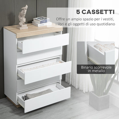 5-Drawer Wooden Chest of Drawers, Bedroom Chest of Drawers with Anti-Tip Device, 80x40x109 cm, White and Oak