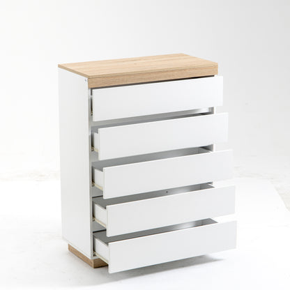 5-Drawer Wooden Chest of Drawers, Bedroom Chest of Drawers with Anti-Tip Device, 80x40x109 cm, White and Oak
