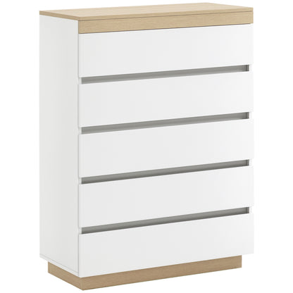 5-Drawer Wooden Chest of Drawers, Bedroom Chest of Drawers with Anti-Tip Device, 80x40x109 cm, White and Oak