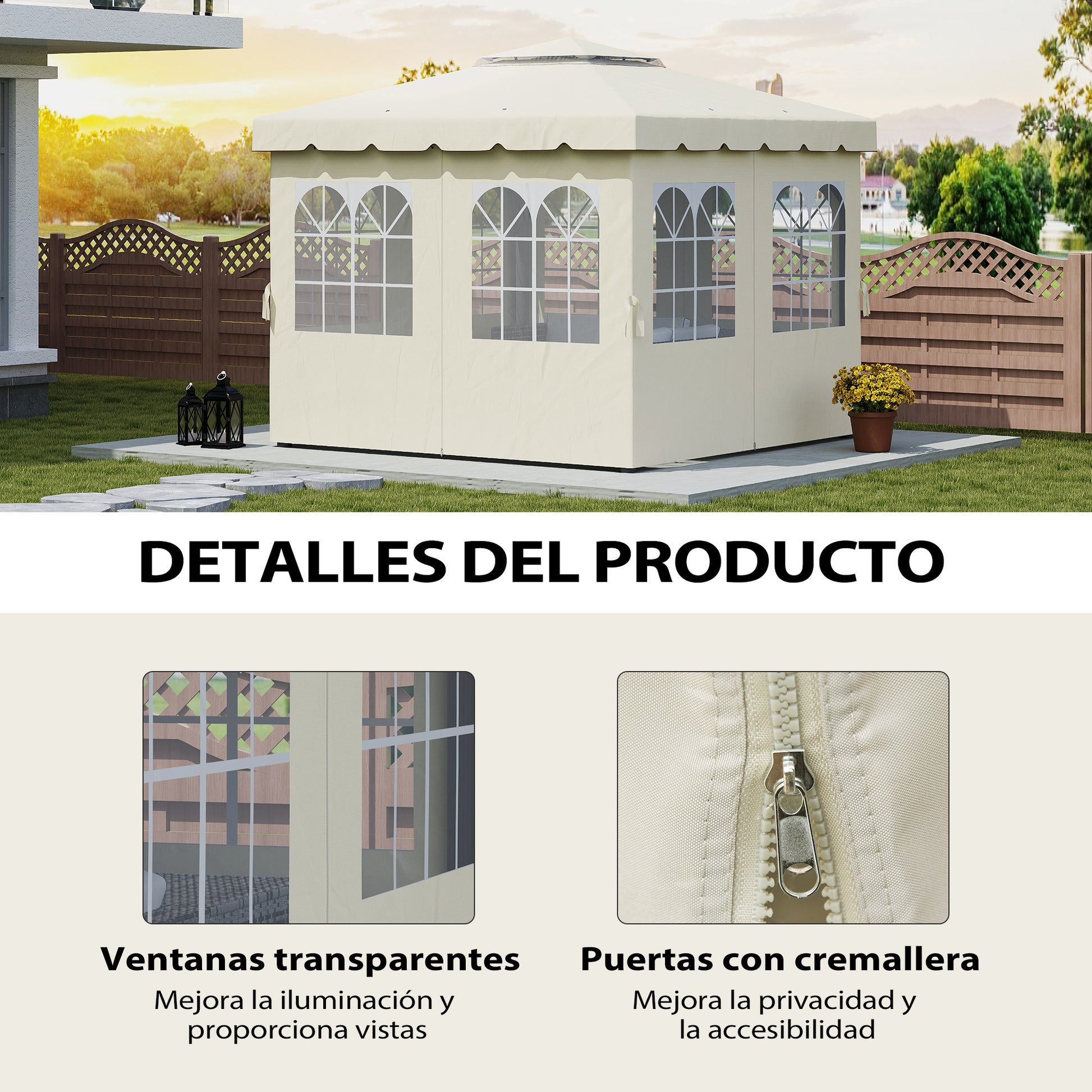 4 Side Walls for Gazebo 3x3m Canopy Walls with Hooks 8 Windows UV Protection Replacement Side for Outdoor Garden Party Cream
