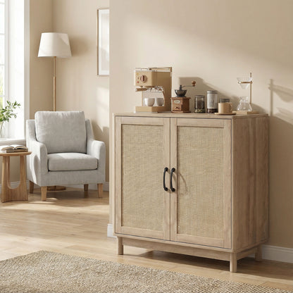 Boho Sideboard with Rattan Doors, Adjustable Shelf & Rounded Edges — Oak Finish, 30 x 13.8 x 29.7 in