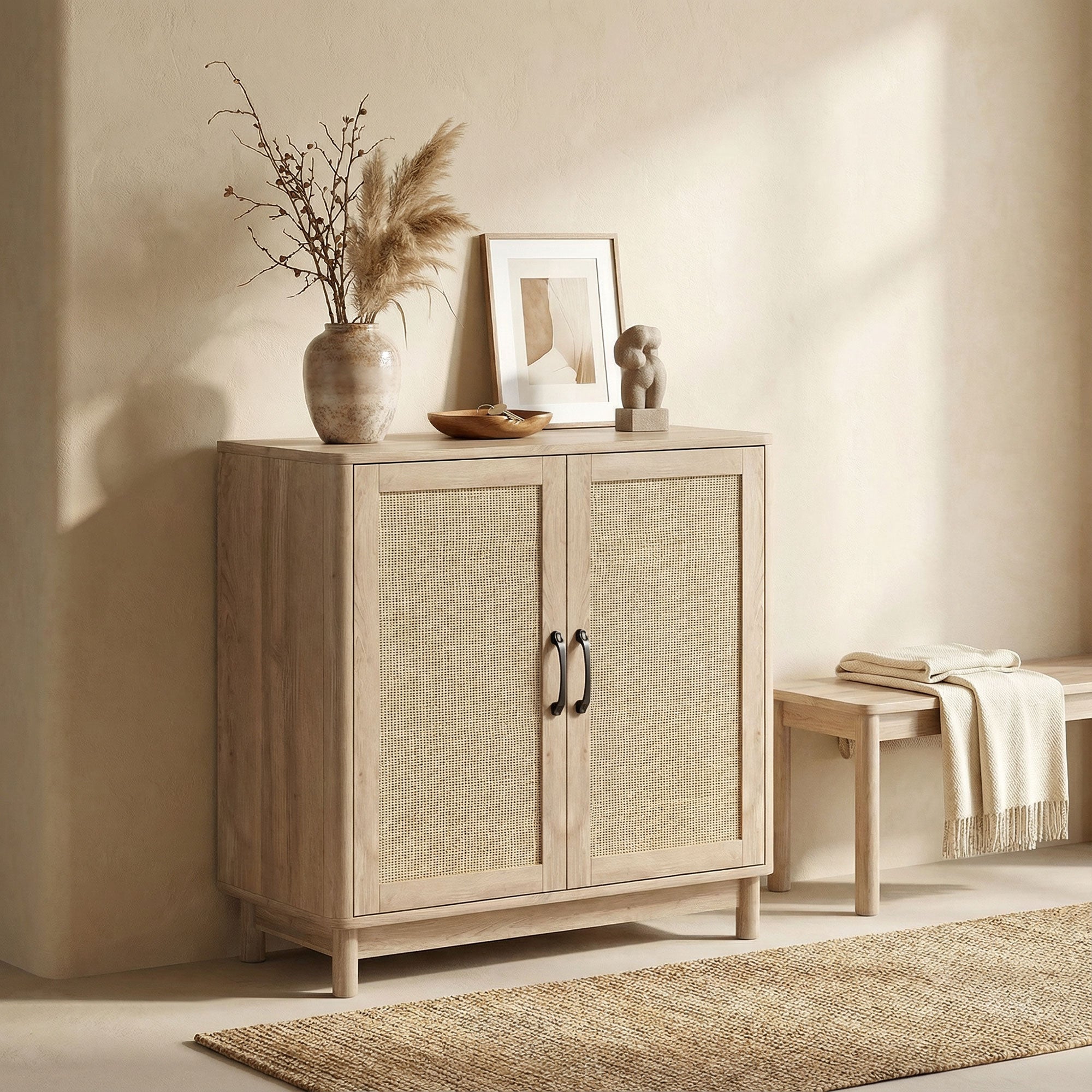 Boho Sideboard with Rattan Doors, Adjustable Shelf & Rounded Edges — Oak Finish, 30 x 13.8 x 29.7 in