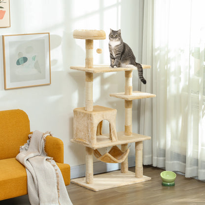 Large Cat Scratching Tree 70x40x152 cm Cat Tower with Multiple Platforms Hanging Toy Spacious Cave Soft Hammock Posts for Cats to Sleep and Play Beige