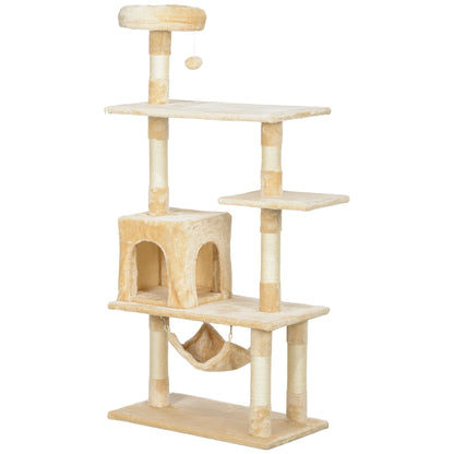 Large Cat Scratching Tree 70x40x152 cm Cat Tower with Multiple Platforms Hanging Toy Spacious Cave Soft Hammock Posts for Cats to Sleep and Play Beige