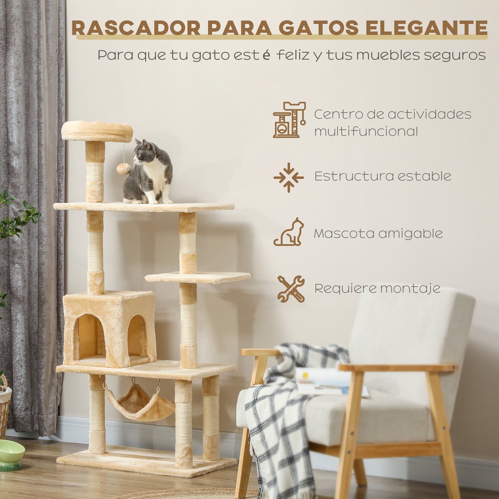 Large Cat Scratching Tree 70x40x152 cm Cat Tower with Multiple Platforms Hanging Toy Spacious Cave Soft Hammock Posts for Cats to Sleep and Play Beige