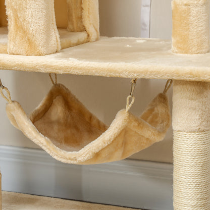Large Cat Scratching Tree 70x40x152 cm Cat Tower with Multiple Platforms Hanging Toy Spacious Cave Soft Hammock Posts for Cats to Sleep and Play Beige