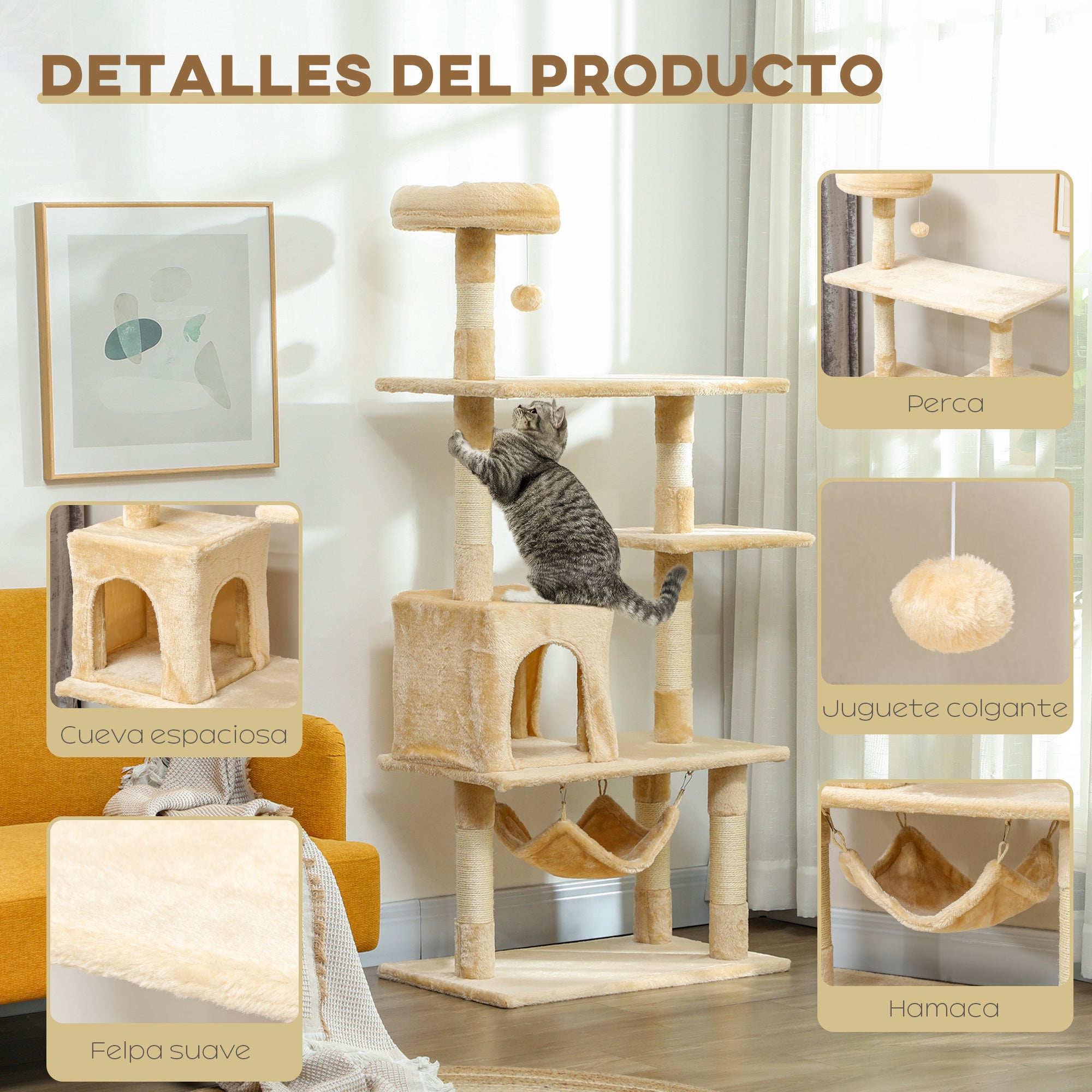 Large Cat Scratching Tree 70x40x152 cm Cat Tower with Multiple Platforms Hanging Toy Spacious Cave Soft Hammock Posts for Cats to Sleep and Play Beige