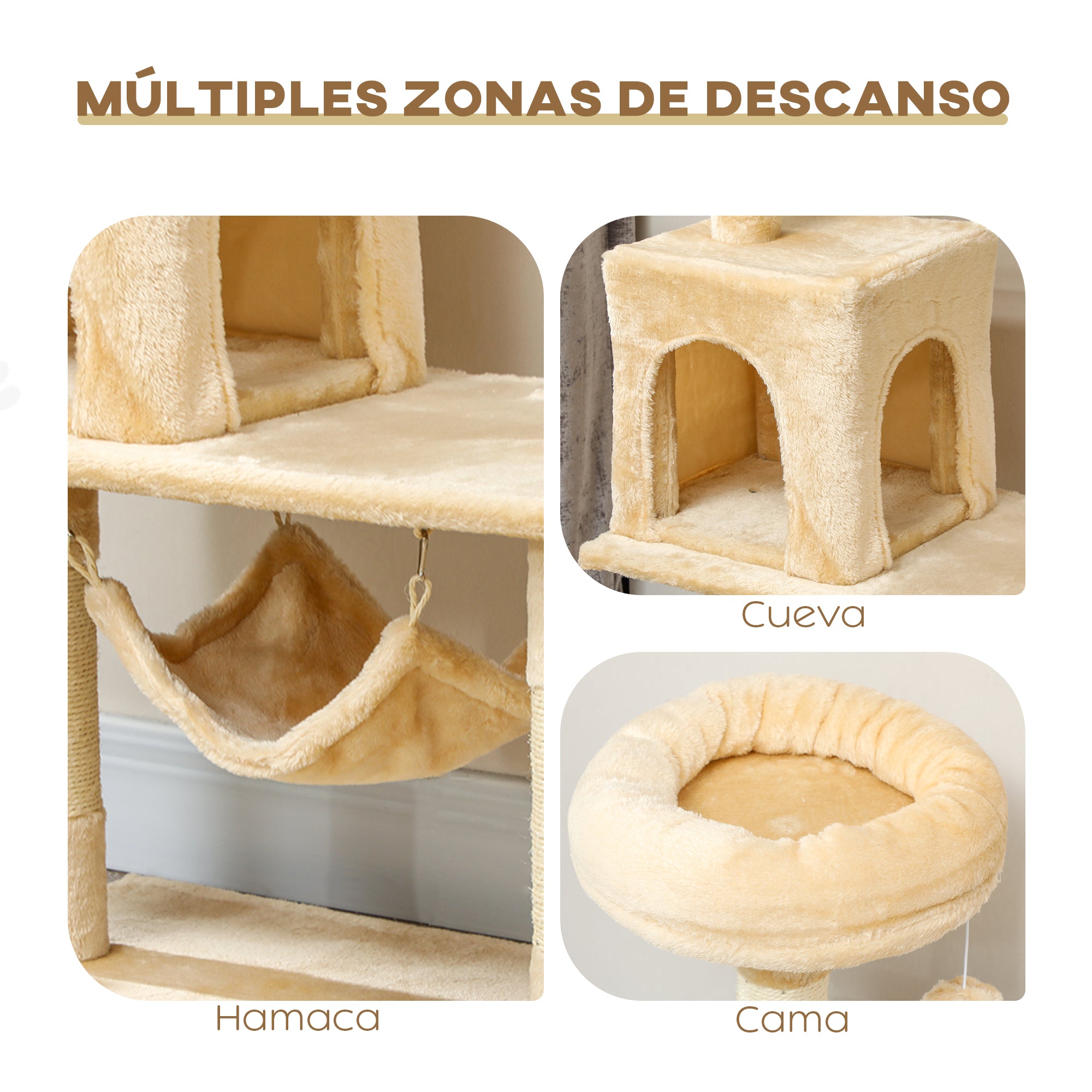 Large Cat Scratching Tree 70x40x152 cm Cat Tower with Multiple Platforms Hanging Toy Spacious Cave Soft Hammock Posts for Cats to Sleep and Play Beige