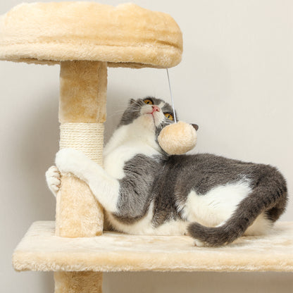 Large Cat Scratching Tree 70x40x152 cm Cat Tower with Multiple Platforms Hanging Toy Spacious Cave Soft Hammock Posts for Cats to Sleep and Play Beige