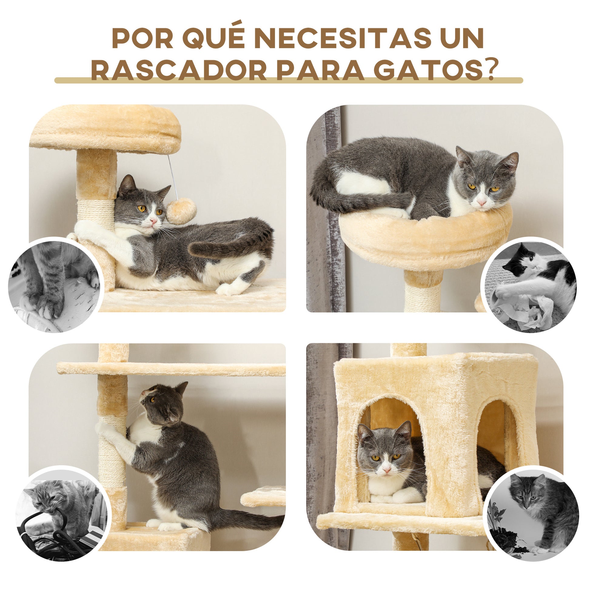 Large Cat Scratching Tree 70x40x152 cm Cat Tower with Multiple Platforms Hanging Toy Spacious Cave Soft Hammock Posts for Cats to Sleep and Play Beige