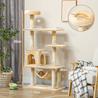 Large Cat Scratching Tree 70x40x152 cm Cat Tower with Multiple Platforms Hanging Toy Spacious Cave Soft Hammock Posts for Cats to Sleep and Play Beige