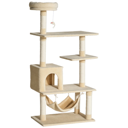 Large Cat Scratching Tree 70x40x152 cm Cat Tower with Multiple Platforms Hanging Toy Spacious Cave Soft Hammock Posts for Cats to Sleep and Play Beige