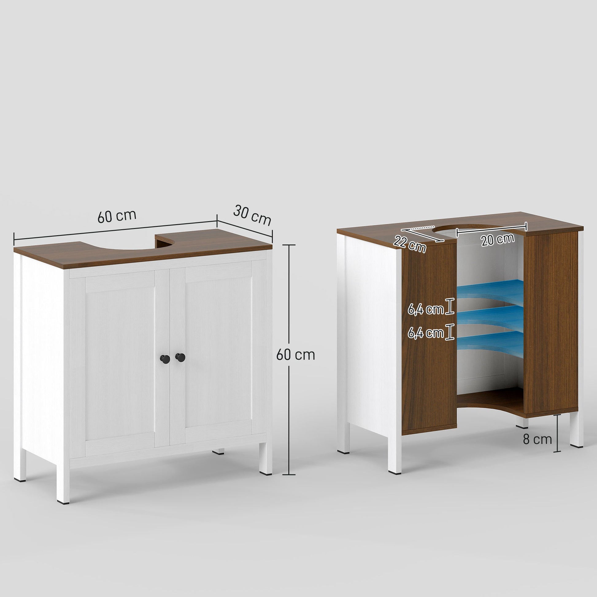 Under Sink Bathroom Cabinet Wooden Vanity Unit with 2 Doors and Adjustable Shelf Modern 60x30x60 cm White