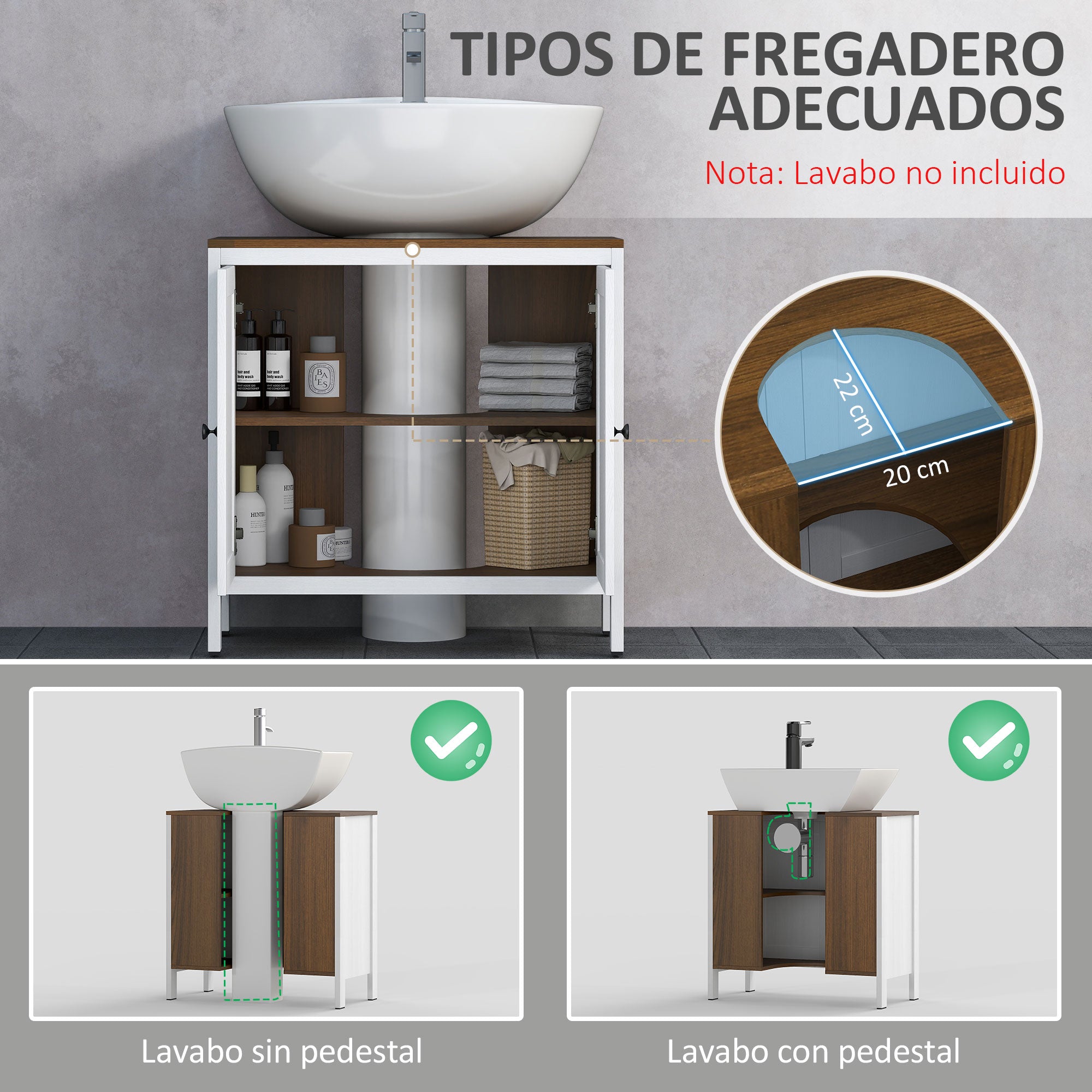Under Sink Bathroom Cabinet Wooden Vanity Unit with 2 Doors and Adjustable Shelf Modern 60x30x60 cm White