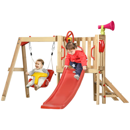 4-in-1 Wooden Swing and Slide Set for Kids aged 18-48 Months Playground with Swing Slide Steering Wheel Horn Phone for Yard Lawn 170x200x118 cm Red and Natural