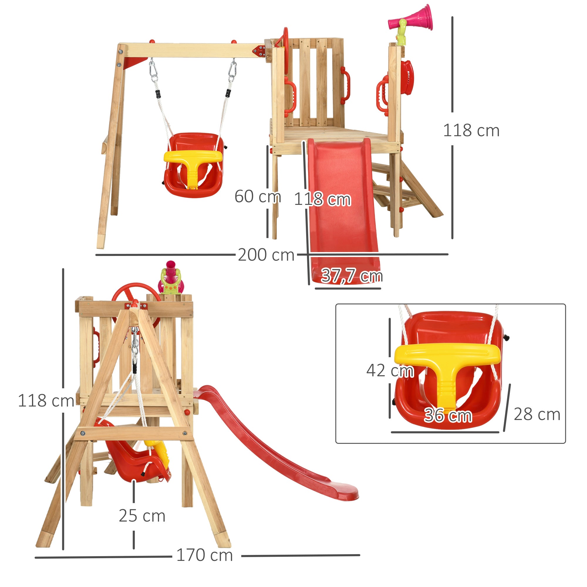 4-in-1 Wooden Swing and Slide Set for Kids aged 18-48 Months Playground with Swing Slide Steering Wheel Horn Phone for Yard Lawn 170x200x118 cm Red and Natural