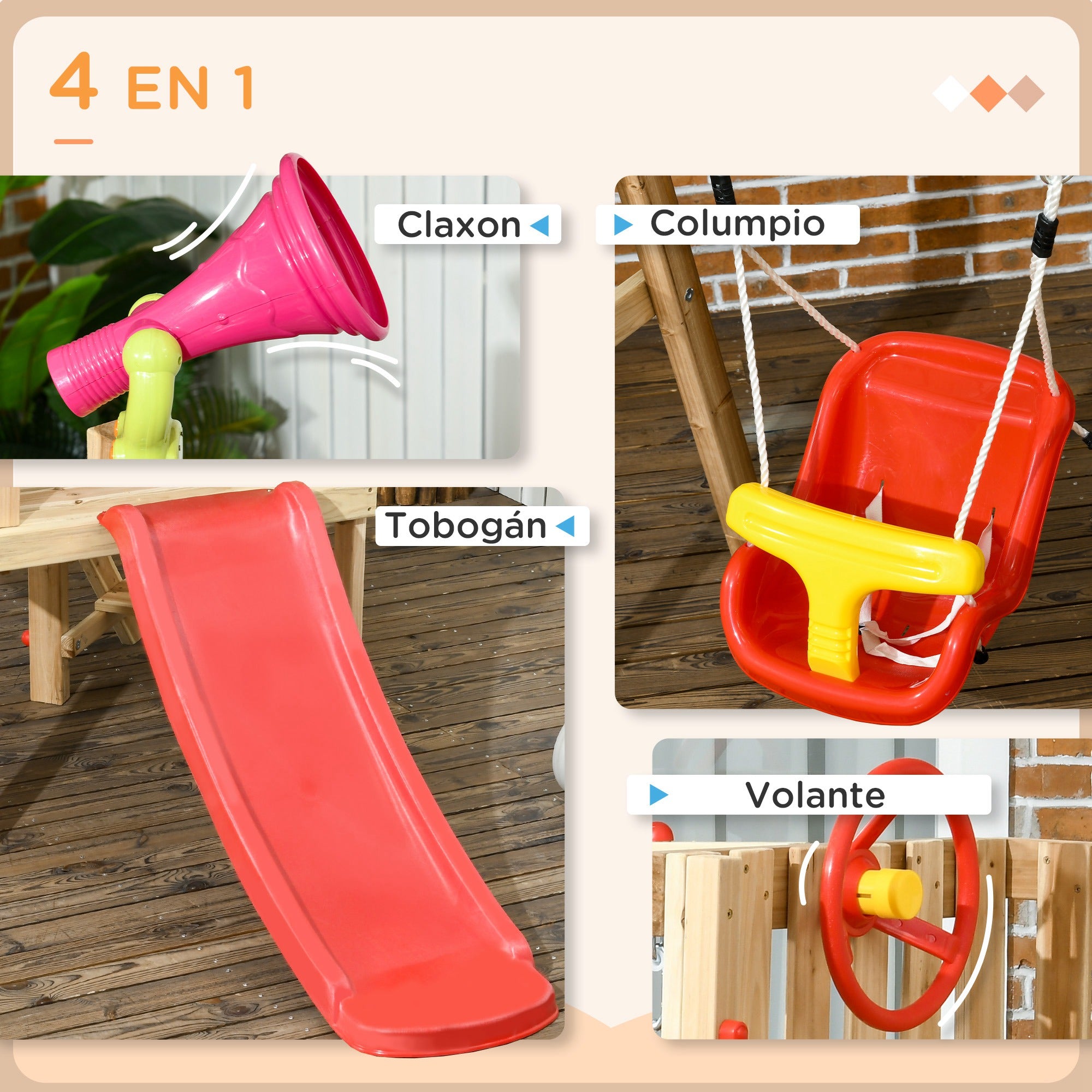 4-in-1 Wooden Swing and Slide Set for Kids aged 18-48 Months Playground with Swing Slide Steering Wheel Horn Phone for Yard Lawn 170x200x118 cm Red and Natural