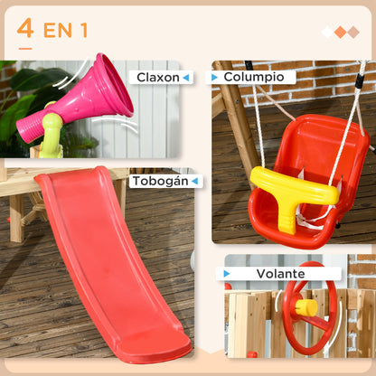 4-in-1 Wooden Swing and Slide Set for Kids aged 18-48 Months Playground with Swing Slide Steering Wheel Horn Phone for Yard Lawn 170x200x118 cm Red and Natural