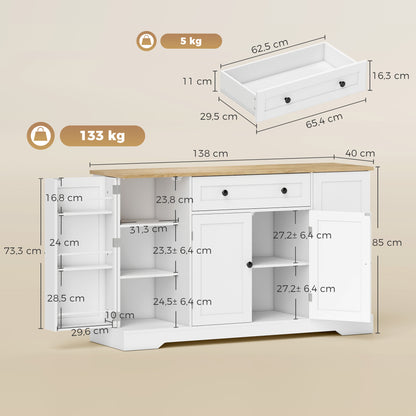 Sideboard Kitchen Cabinet with 4 Doors & Drawer, Adjustable Shelves, Door Racks Buffet Cabinet for Kitchen, Dining Room, Living Room, 138 x 40 x 85 cm (54.3" x 15.7" x 33.5"), White
