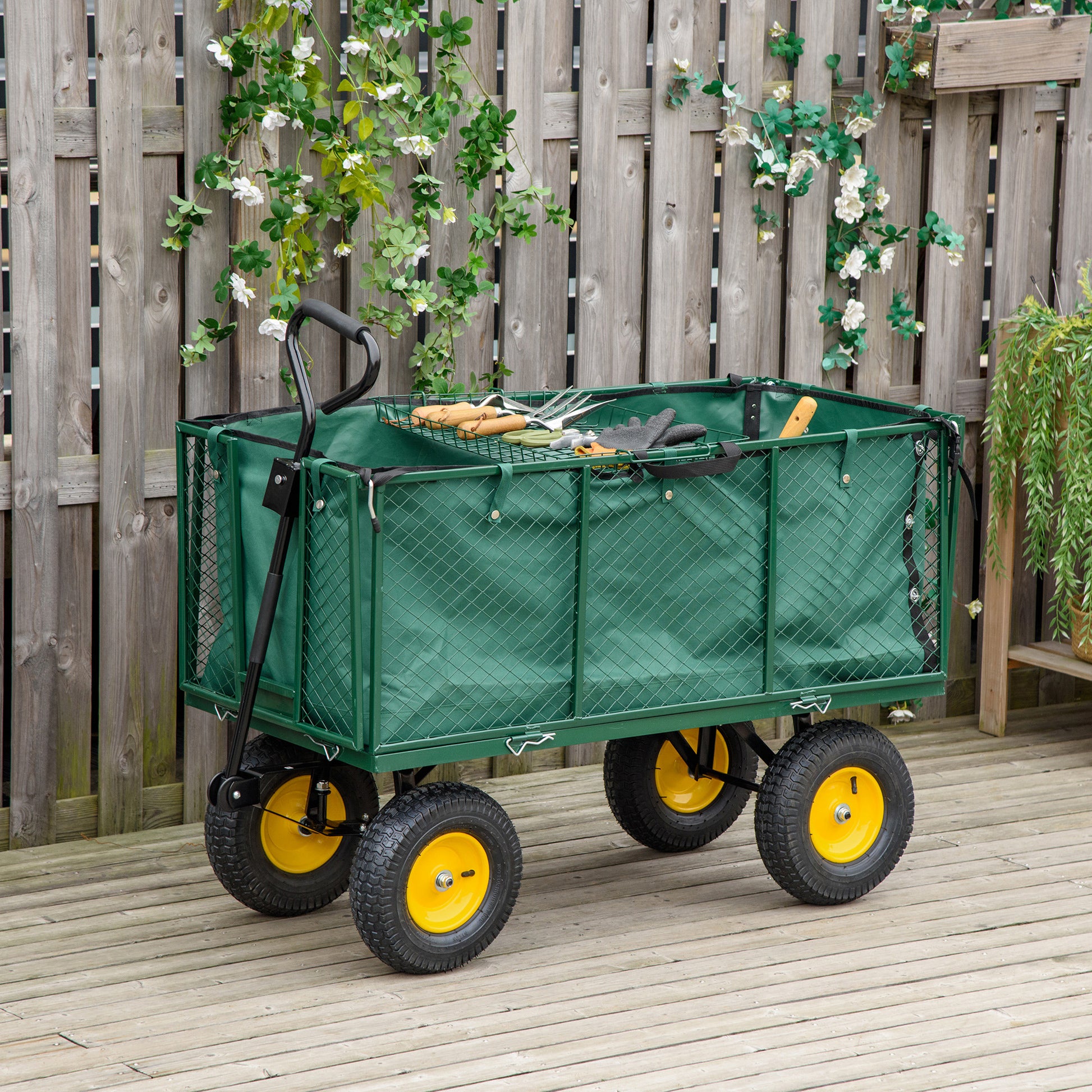 Garden Cart 342L with Foldable Sides Handle and 4 Wheels, 138x57x84cm, Green