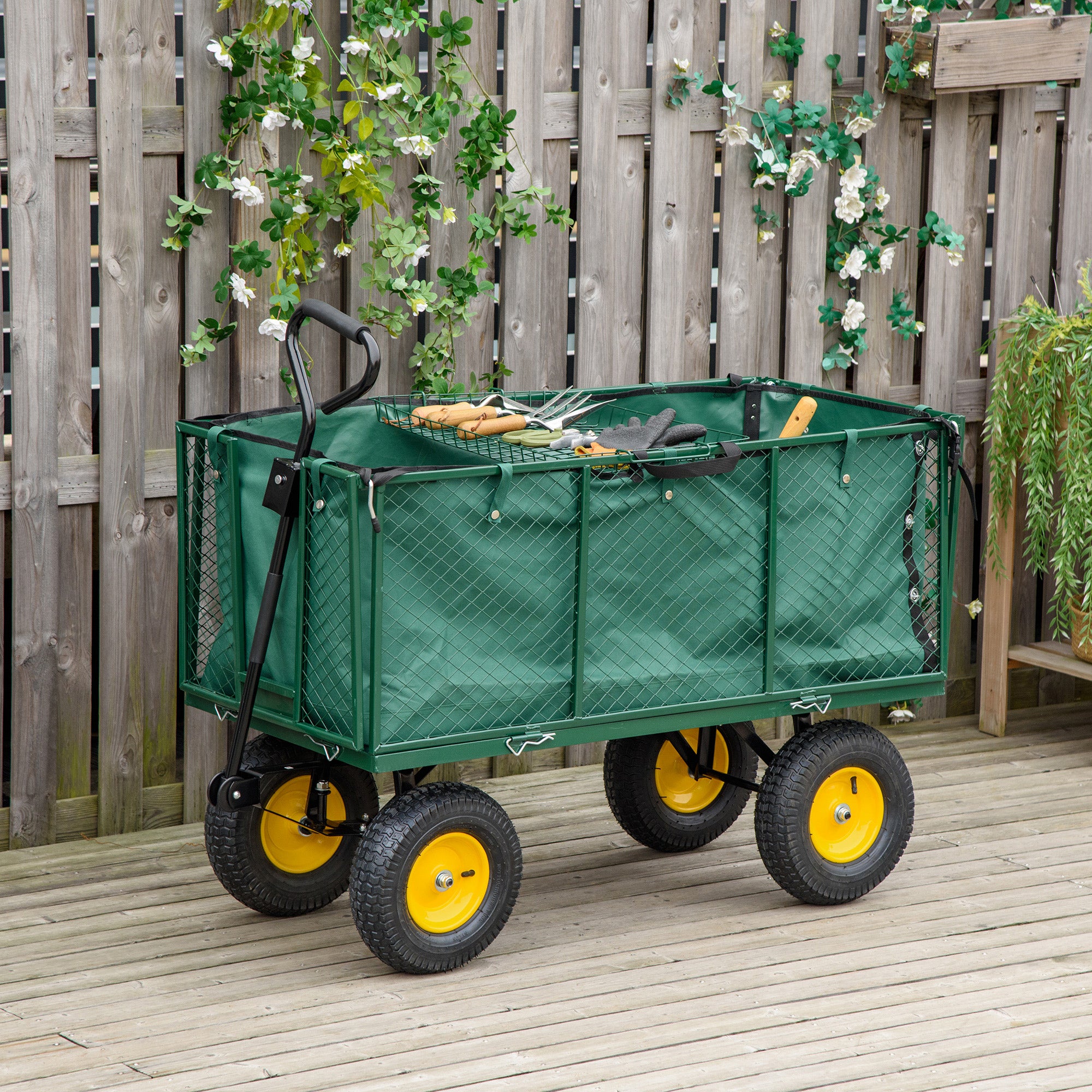 Garden Cart 342L with Foldable Sides Handle and 4 Wheels, 138x57x84cm, Green