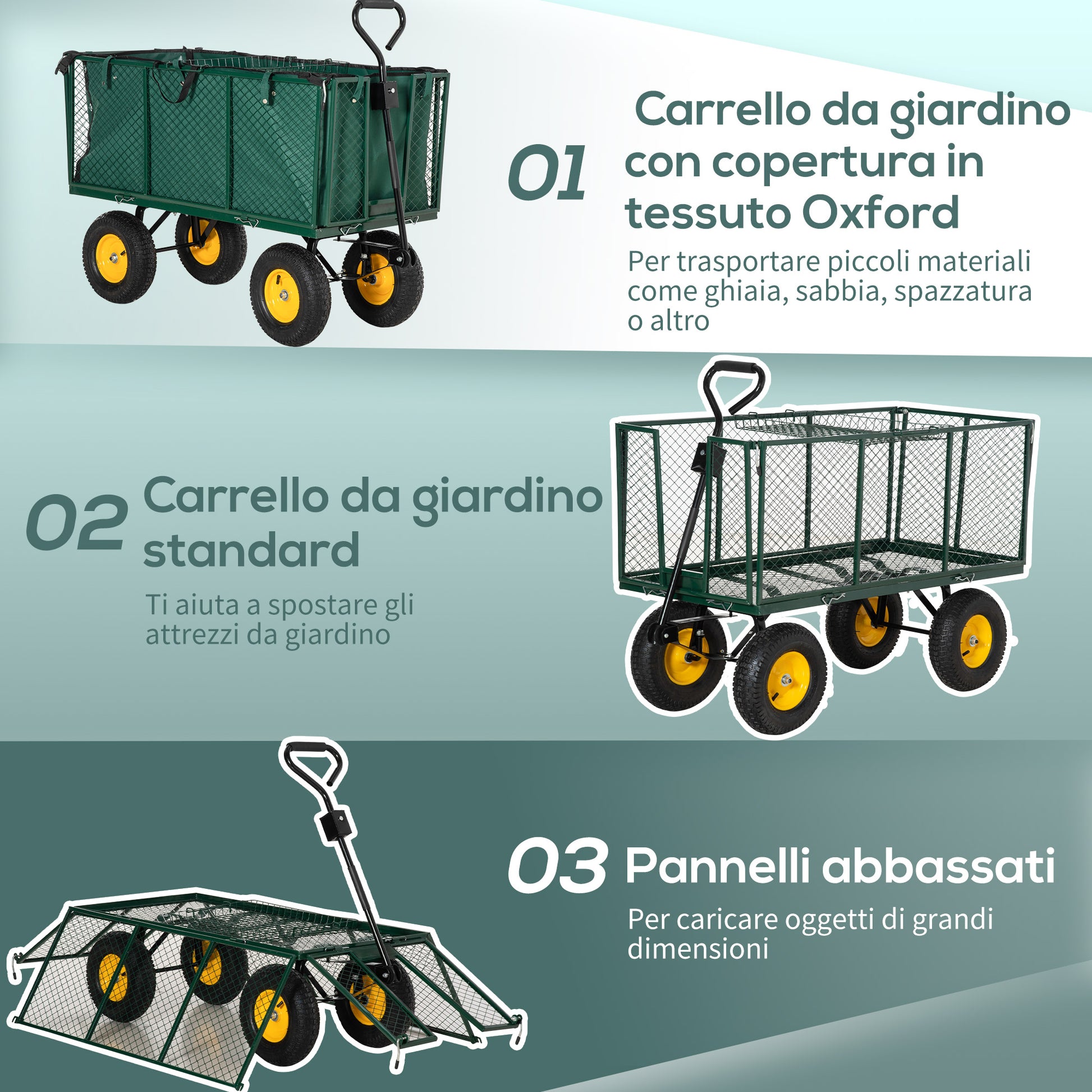 Garden Cart 342L with Foldable Sides Handle and 4 Wheels, 138x57x84cm, Green