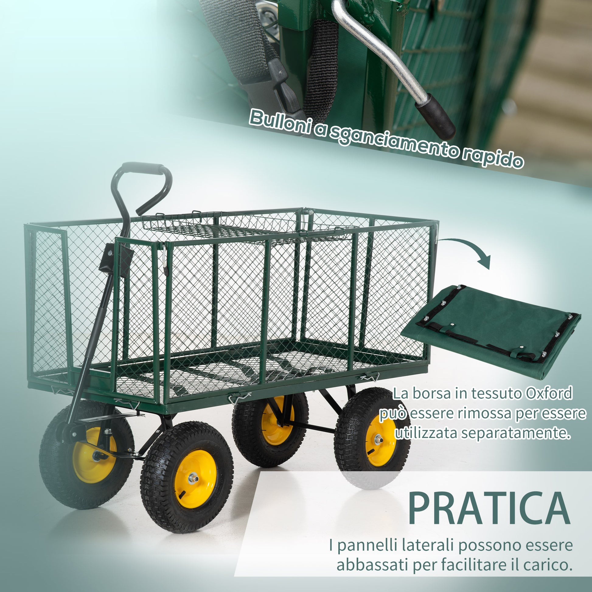 Garden Cart 342L with Foldable Sides Handle and 4 Wheels, 138x57x84cm, Green