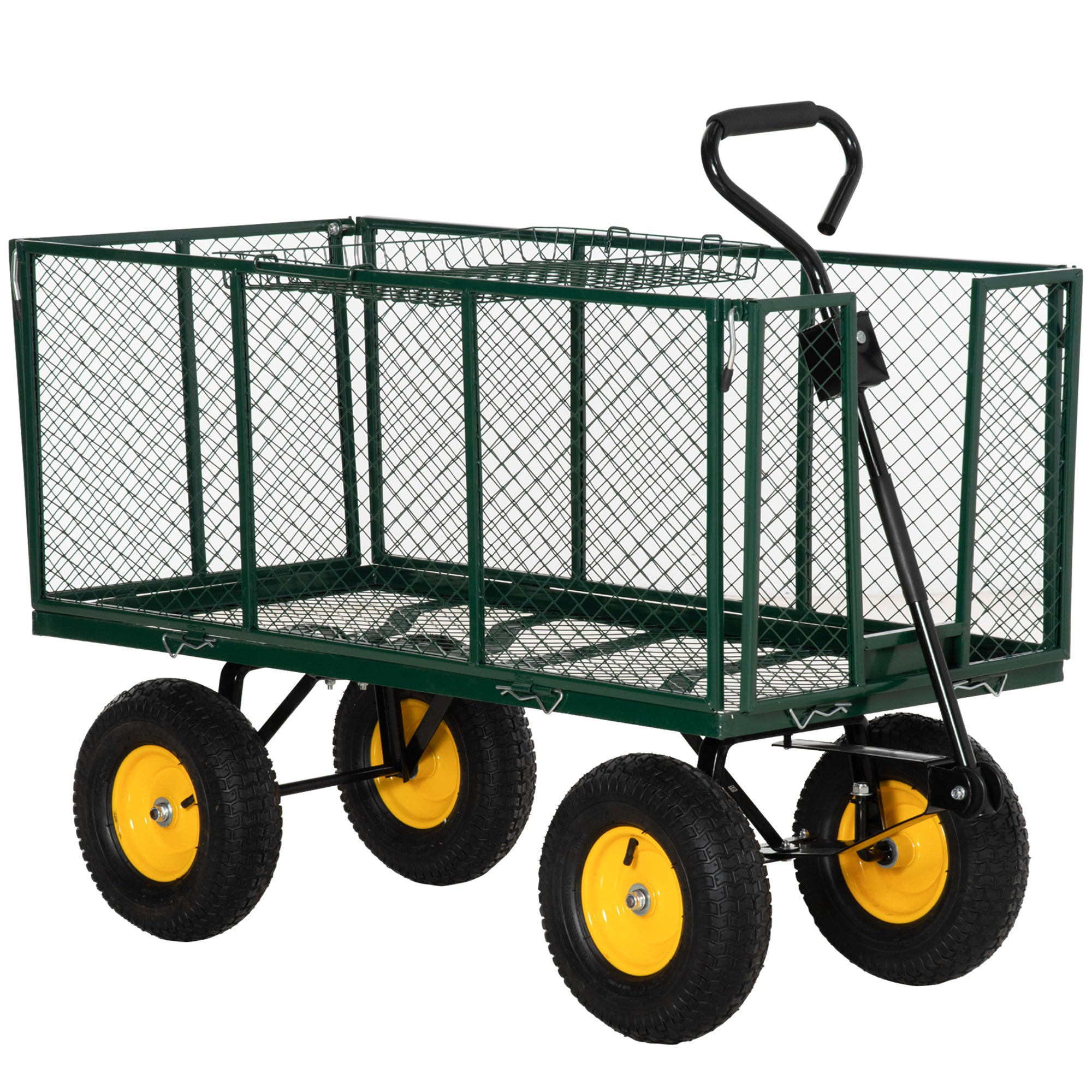 Garden Cart 342L with Foldable Sides Handle and 4 Wheels, 138x57x84cm, Green