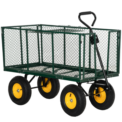 Garden Cart 342L with Foldable Sides Handle and 4 Wheels, 138x57x84cm, Green