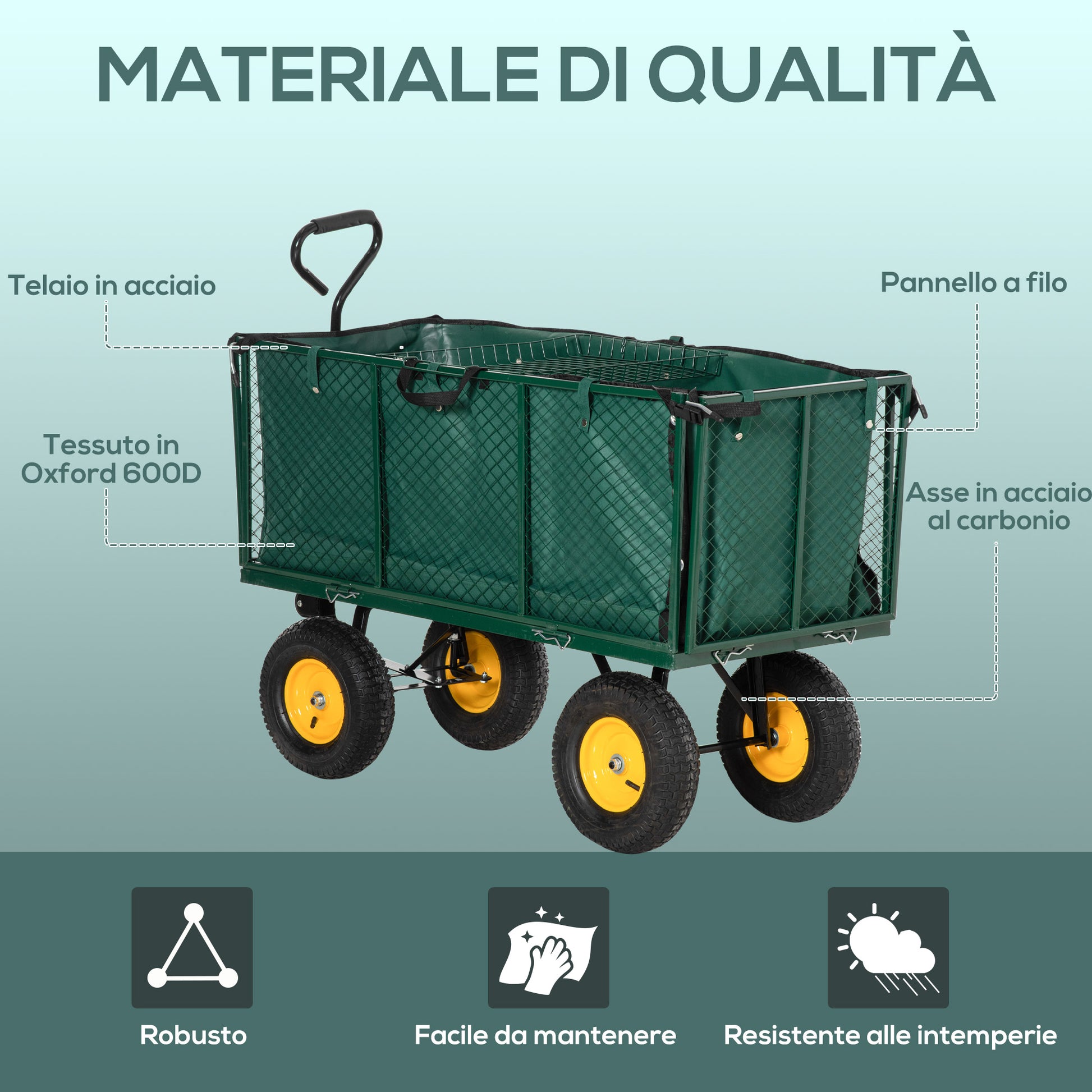 Garden Cart 342L with Foldable Sides Handle and 4 Wheels, 138x57x84cm, Green