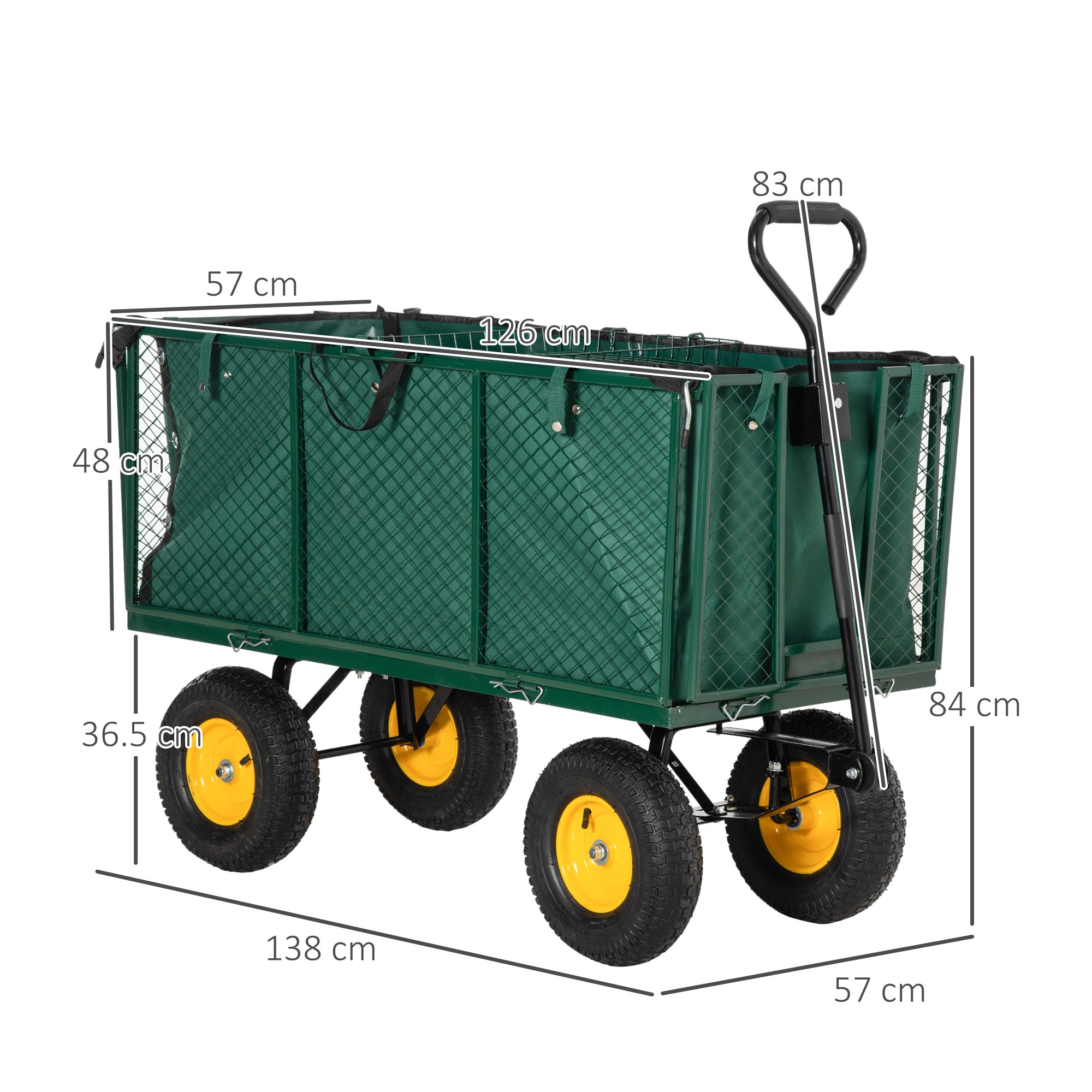 Garden Cart 342L with Foldable Sides Handle and 4 Wheels, 138x57x84cm, Green