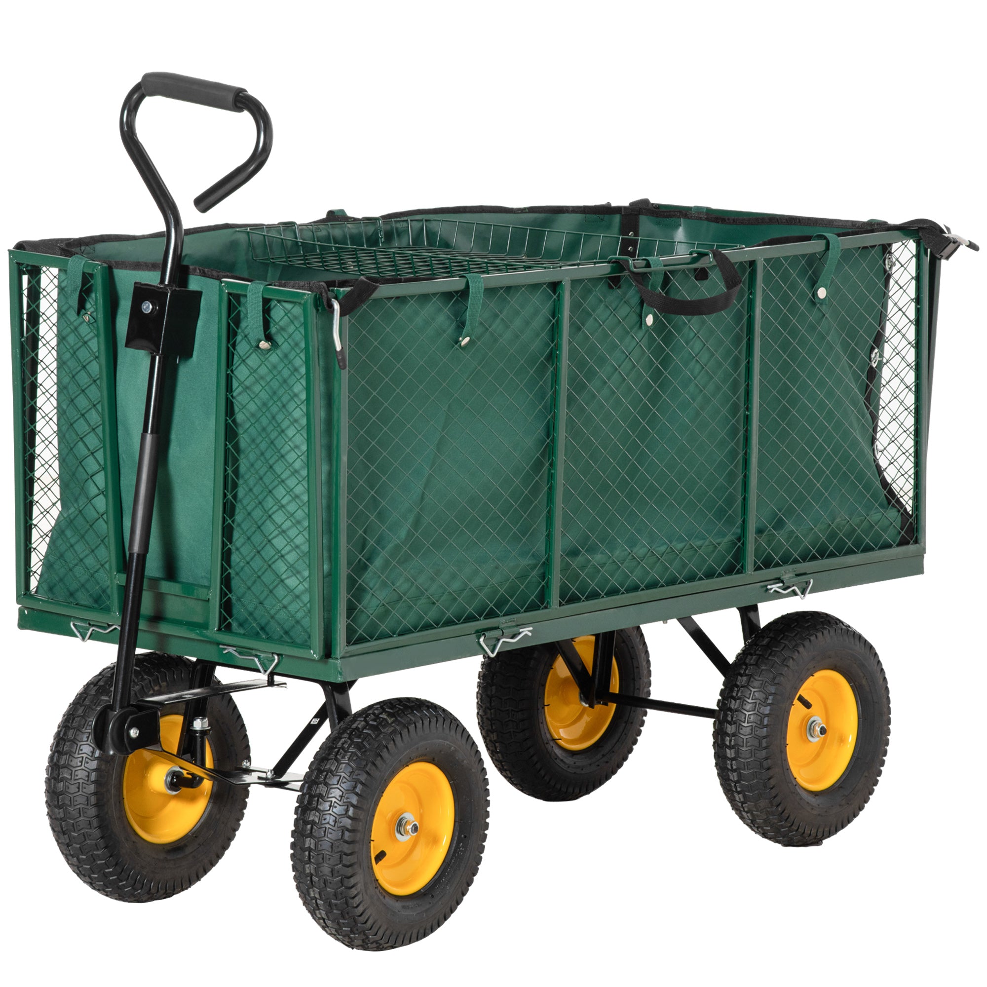 Garden Cart 342L with Foldable Sides Handle and 4 Wheels, 138x57x84cm, Green