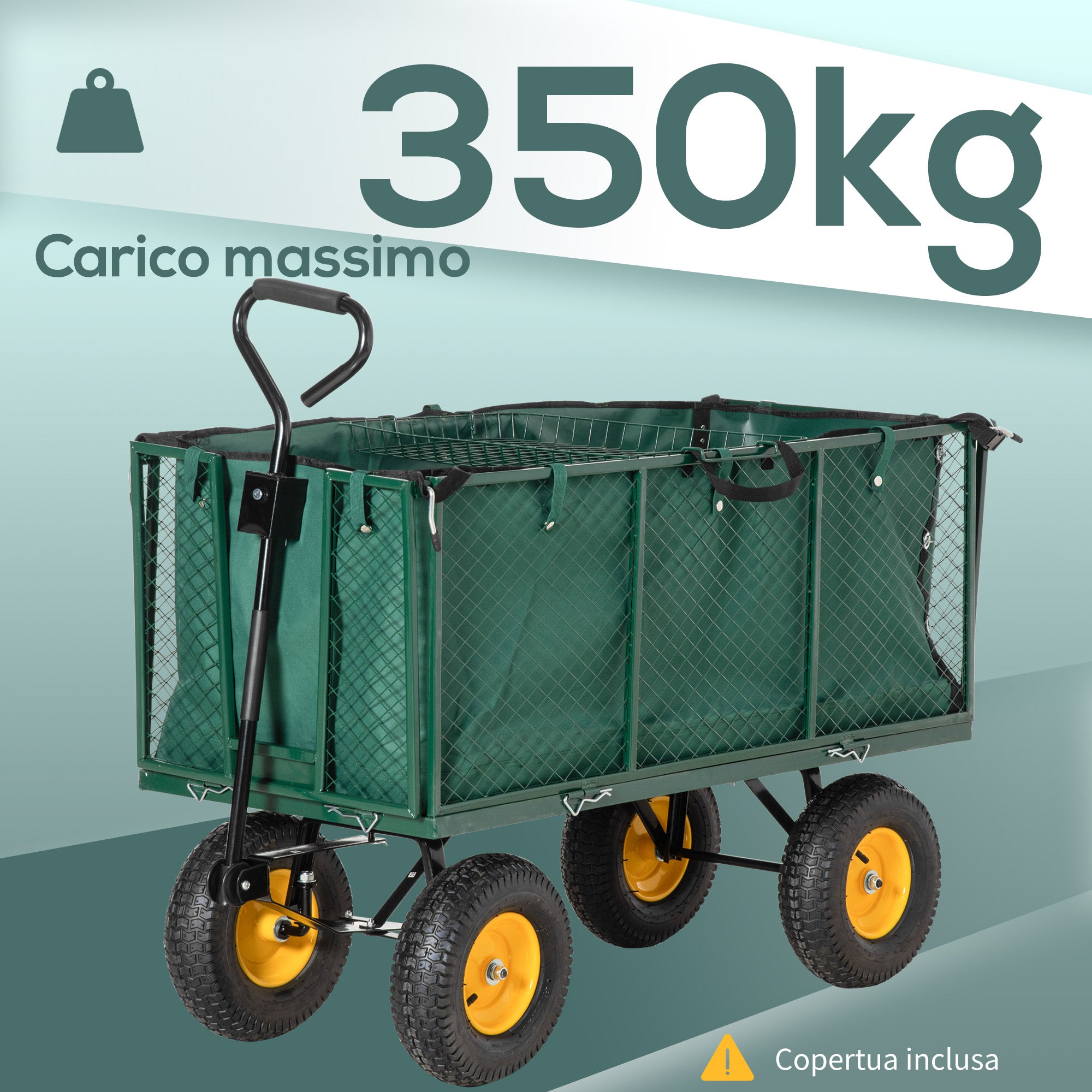 Garden Cart 342L with Foldable Sides Handle and 4 Wheels, 138x57x84cm, Green
